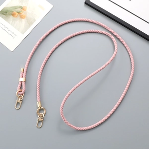 Adjustable pink braided leather strap with gold metal lobster clasp for bags and phones