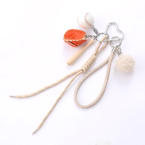 Baseball keychain pendant with mini wood bat, leather glove, and heart clasp for bags