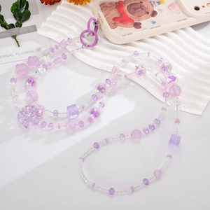 Purple acrylic beaded phone strap chain with frosted metal ring and cute charms