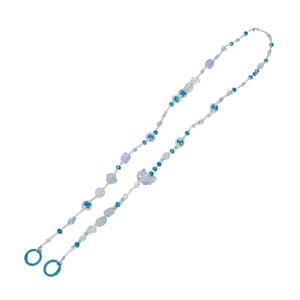 Detail of blue and clear beaded phone lanyard chain featuring a transparent butterfly charm