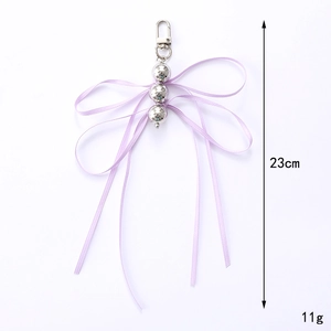 Purple ribbon bow keychain with silver beads and metal clasp, length 23cm, weight 11g