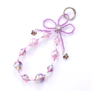 Starry sky purple beaded phone strap with crystal bowknot and butterfly charms