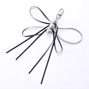 Minimalist dragonfly ribbon charm with silver beads and black satin ribbon for bags