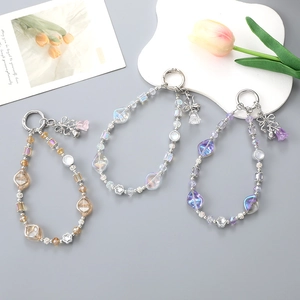 Chic beaded phone straps with crystal beads and rose flower metal charms in three colors