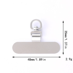 Close-up of swivel metal phone tether tab with precise 35mm by 48mm dimensions