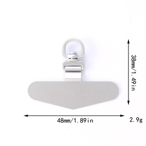 Detailed view of stainless steel 360-degree rotating phone tether patch with D-hook