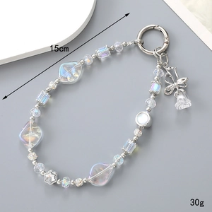 Iridescent crystal beaded keychain with silver floral charms and wrist strap for bags