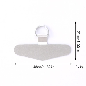 Macro view of silver matte shield phone tether tab with a D-ring and size measurements
