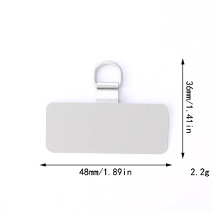 Detailed view of silver stainless steel phone lanyard pad with rotating D-ring and dimensions