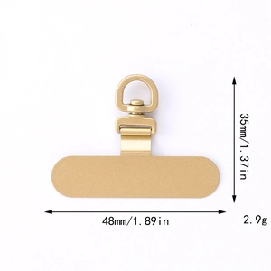 Golden stainless steel phone tether tab with 360-degree rotating ring and size specs