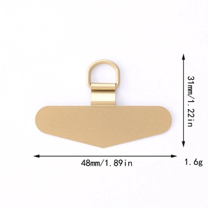 Detailed view of golden 360-degree rotating metal phone lanyard patch with size measurements