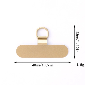 Golden stainless steel phone tether tab with 360-degree D-ring measuring 48mm x 28mm