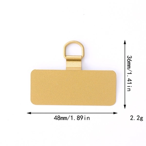 Detailed view of the 360-degree rotating gold metal phone lanyard tab with dimensions