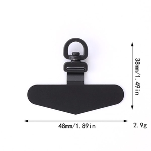 Matte black phone tether tab with 360-degree rotating metal ring and size measurements