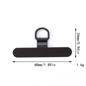 Technical drawing of phone tether tab with 48mm length and metal D-ring attachment