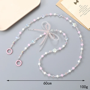 60cm beaded crossbody chain with double pink bow and crystal star accents for bags
