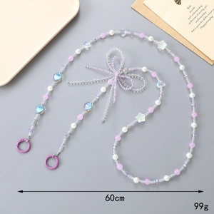 60cm beaded crystal phone chain with double-layered bow and purple clasp detail
