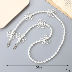 60cm beaded pearl crossbody strap with decorative 3D flower charms and silver lobster clasp
