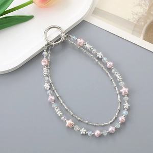 Élégant bijou de téléphone et sac à double chaîne avec étoiles roses et perles