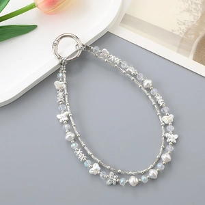 Bijou de téléphone élégant avec perles et étoiles, accessoire de sac luxe double chaîne