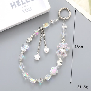 Dragonne de téléphone perlée avec pendentif ours iridescent et boucle à ressort argent
