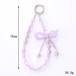 Purple pearl bead phone charm with crystal butterfly bow and metal clip, 15cm length
