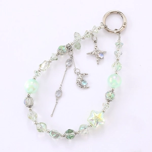 Star and moon crystal beaded phone wrist strap with iridescent green gems and charms