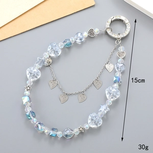 Ciondolo per telefono con perline blu cuore e stella con doppie catene e chiusura argento