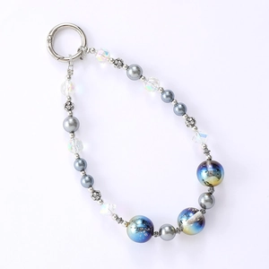 Handmade saturn pearl phone strap with blue beads and silver spring ring clasp