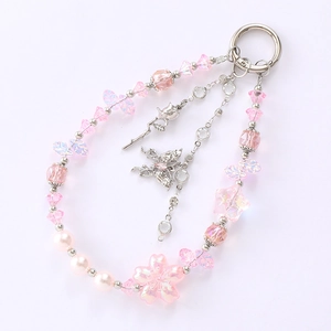 Pink floral beaded keychain charm with butterfly and rose pendants for bags and phones