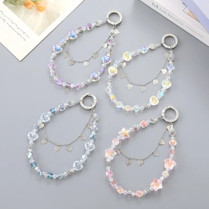 Ciondolo per Cellulare a Forma di Cuore e Stella Iridescente Doppia Catena Perline in Acrilico Portachiavi per Borse Donna