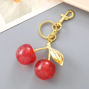 Exquisite cherry keychain with red crystal fruit and golden leaf for handbag decor