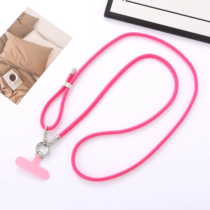 Close-up of pink braided phone lanyard with adjustable silver buckle and metal hook
