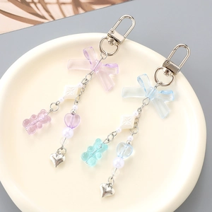 Trendy Candy Color Transparent Bear Heart Bow Keychain Cute Acrylic Handmade Beaded Bag Charm Earphone Case Pendant Accessory Gift
