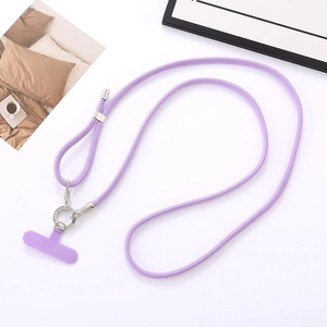 Detail of light purple braided phone lanyard with silver rhinestone ring and T-shaped tab