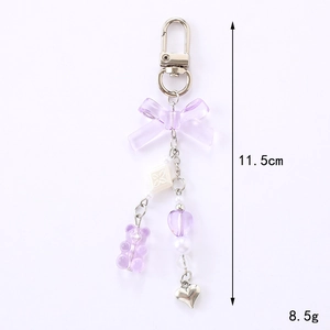Purple translucent gummy bear and heart charm keychain for bags, length 11.5cm, weight 8.5g