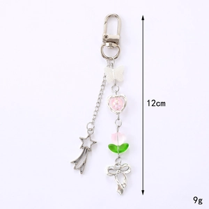 Y2K star and butterfly bow keychain pendant with pink tulip and silver metallic charms
