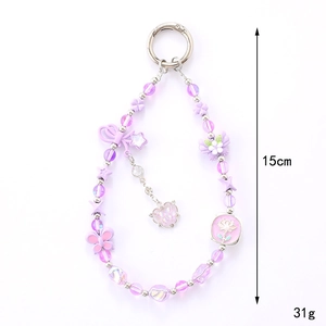 Bijou de téléphone perlé trèfle et papillon violet avec fermoir argenté, 15cm