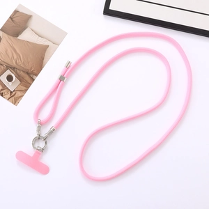 Detail of pink woven phone lanyard with rhinestone metal ring and silicone pad