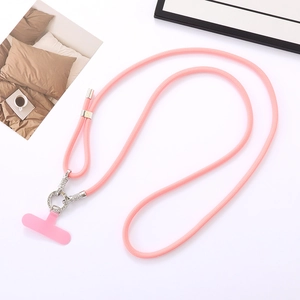 Close-up of pink nylon crossbody phone lanyard with rhinestone studded silver metal buckle