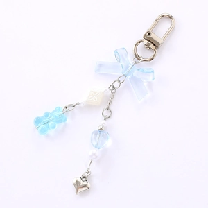 Cute blue bear and bow acrylic keychain charm with silver lobster clasp and pearl beads