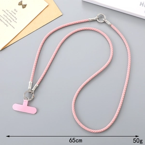 Detail of pink woven leather phone strap with rhinestone metal ring and 65cm length