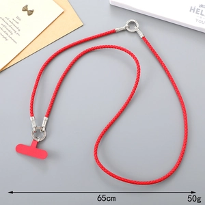 Detailed view of red woven PU leather phone lanyard with silver diamond ring and 65cm length