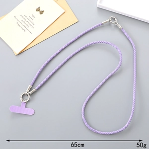 Light purple braided phone strap with silver spring clasp and purple T-tab, length 65cm