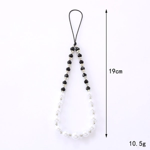 Beaded pearl phone strap with black faceted beads and rhinestone spacers, 19cm long