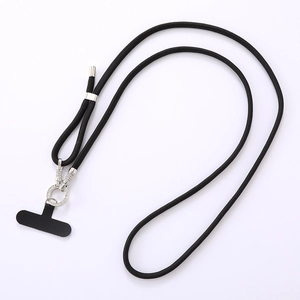 Adjustable black braided nylon phone lanyard with rhinestone metal buckle on white background