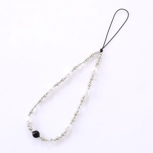 Silver-plated bead phone strap with irregular pearls and black accent for CCD cameras