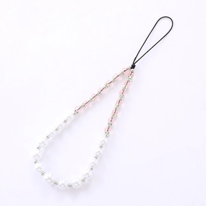 Pink and white beaded phone lanyard with sparkling crystals for bags and cameras