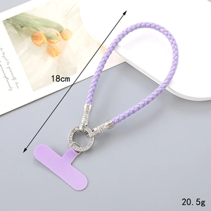 Detail of purple braided PU leather phone lanyard with silver rhinestone ring and 18cm strap