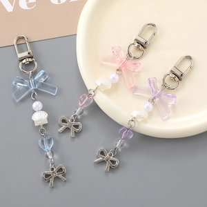 Sweet Bowknot Beaded Keychain For Women Translucent Acrylic Heart Shell Pendant Bag Charm Phone Accessories Jewelry